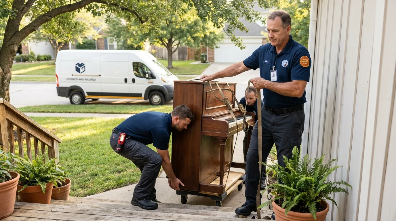 Licensed piano movers securing grand piano in Waseca, MN