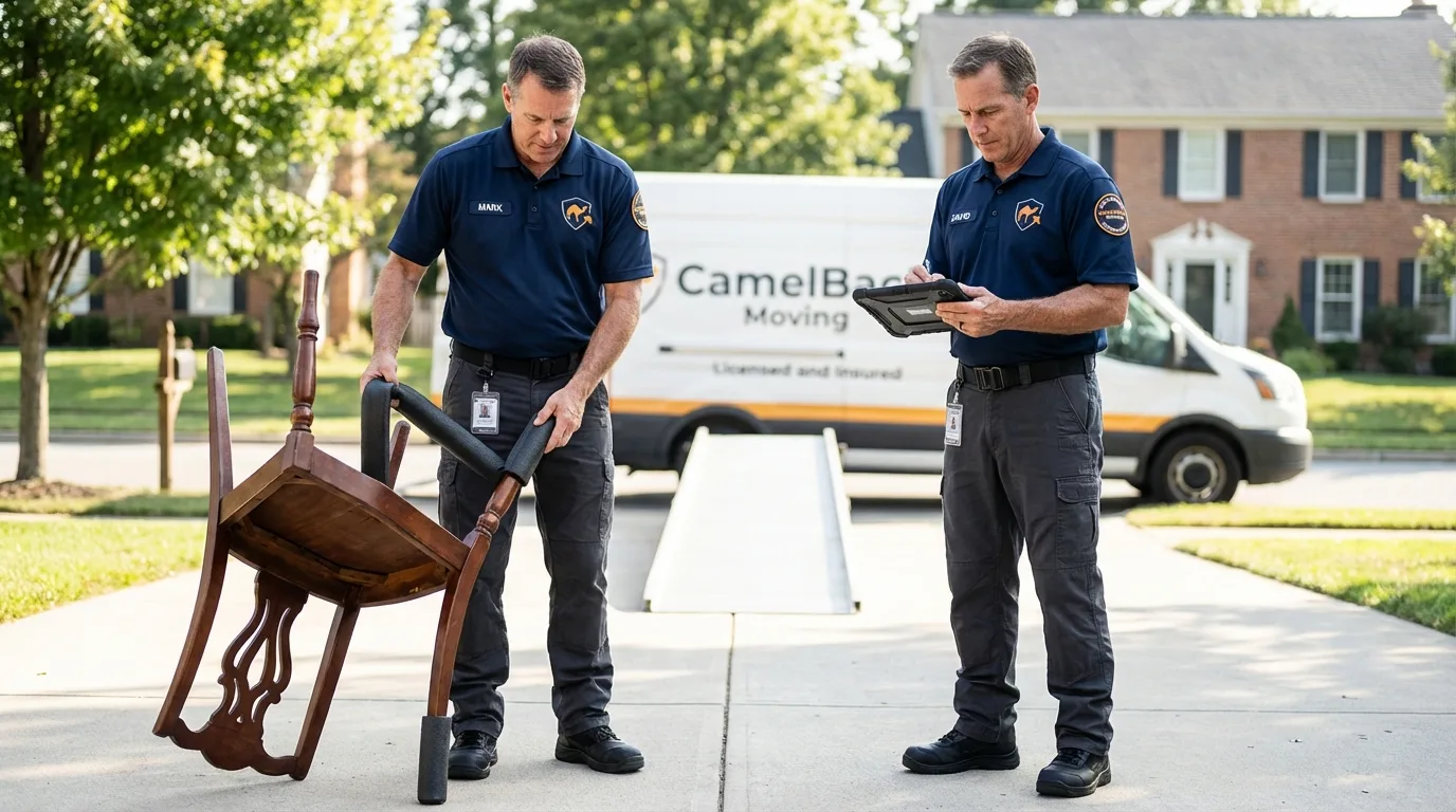 Movers inspecting furniture for damage prevention before loading in Waseca, MN