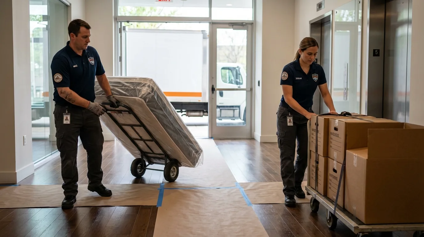 Professional apartment movers loading elevator in Waseca, MN